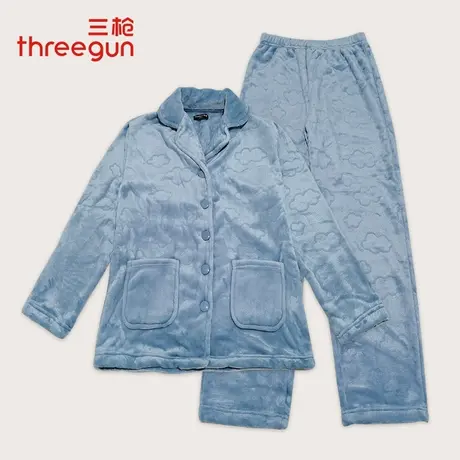 三枪法兰绒家居服男冬季加厚翻领开襟珊瑚绒睡衣套装女情侣起居服商品大图