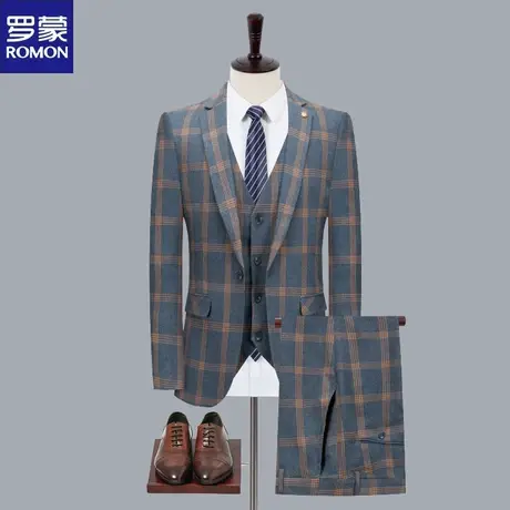 罗蒙格子西服套装男三件套韩版修身西装正装伴郎服装新郎结婚礼服图片