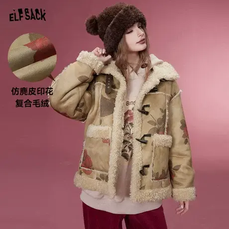 妖精的口袋小个子厚外套女2023冬季新款复古玫瑰印花设计感棉服图片