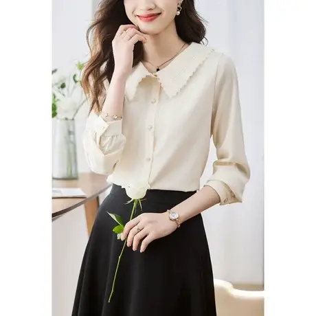 时尚气质淑女花边衬衫2023年秋季新款温柔娃娃领减龄宽松显瘦上衣商品大图