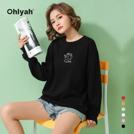 Ohlyah品牌 黑色卫衣女潮ins宽松纯棉圆领牛年新年装跨年上衣学生图片
