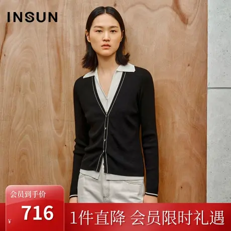 恩裳2023秋季新款简约时髦撞色层次感假两件小翻领针织衫商品大图