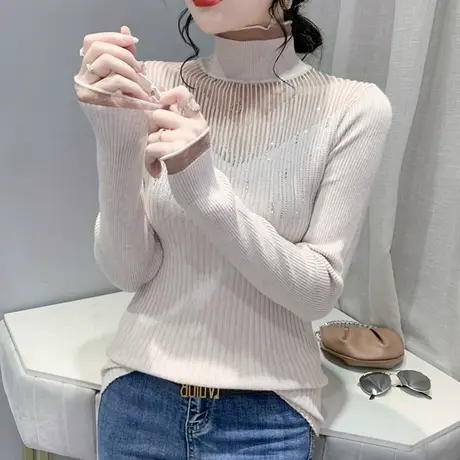 网纱拼接镂空针织衫女秋冬内搭洋气半高领毛衣紧身烫钻打底上衣潮图片