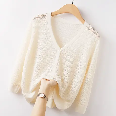 七分袖针织衫女开衫薄款宽松夏季新款冰丝短款空调房镂空v领上衣商品大图