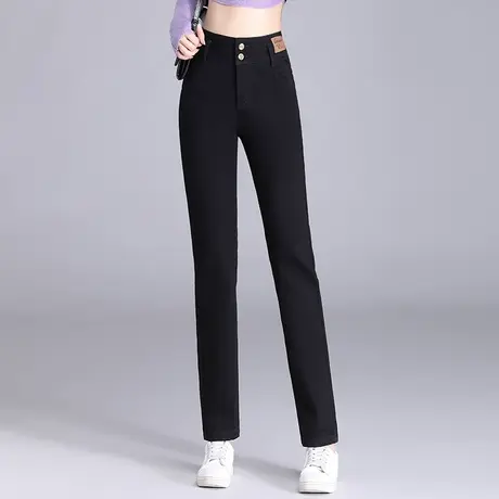 牛仔小黑裤女秋季流行百搭高腰双扣烟管裤韩版大码胖MM显瘦萝卜裤商品大图