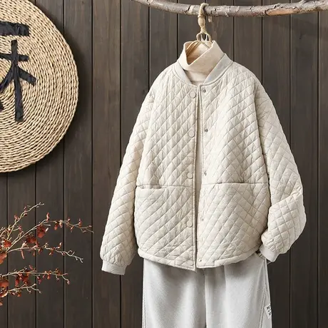 枫谜2022秋冬新款纯色菱格夹棉宽松茧型棒球服夹克短款棉服外套图片