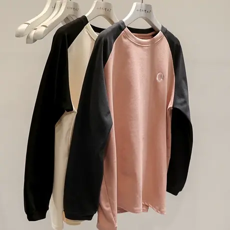 软糯莫代尔~女士撞色磨毛加薄绒打底衫2022秋冬新款圆领长袖T恤女图片
