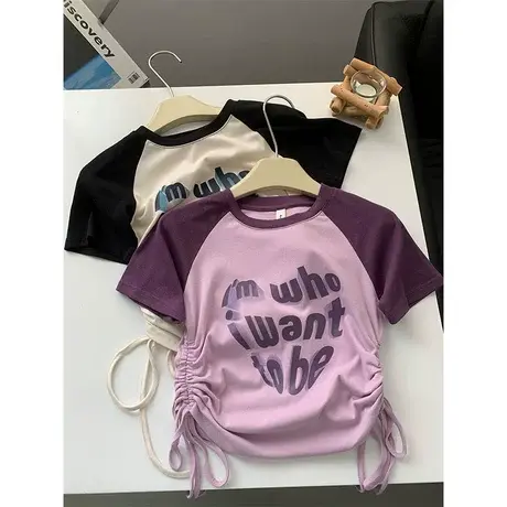 纯欲风辣妹短款插肩袖抽绳T恤女夏高弹修身显瘦百搭新款短袖上衣商品大图