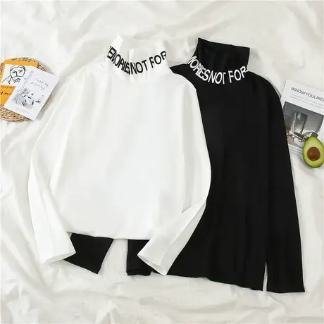 春秋装ulzzang原宿风韩版宽松高领T恤女长袖百搭学生情侣装打底衫商品大图