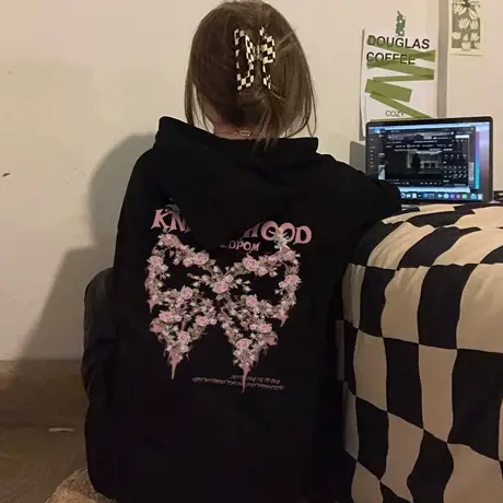 连帽卫衣女秋冬2022新款加绒加厚大码宽松美式复古oversize外套潮图片