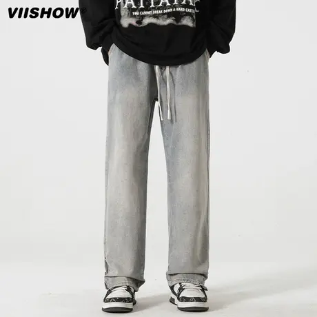 VIISHOW街头高街美式拉链开衩牛仔裤男2023春秋ins新款宽松长裤商品大图