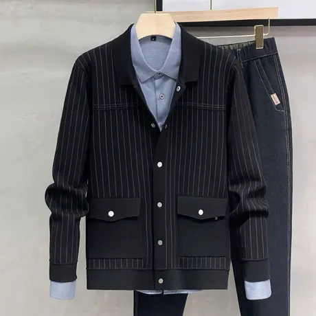 日系条纹针织衫开衫男士春秋季新款韩版商务休闲毛衣工装外穿外套商品大图