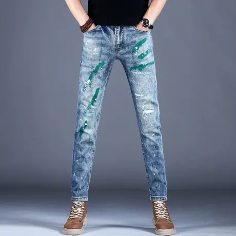 男士浅色油漆泼墨破洞牛仔裤潮牌男修身小脚裤子2023秋季休闲长裤商品大图