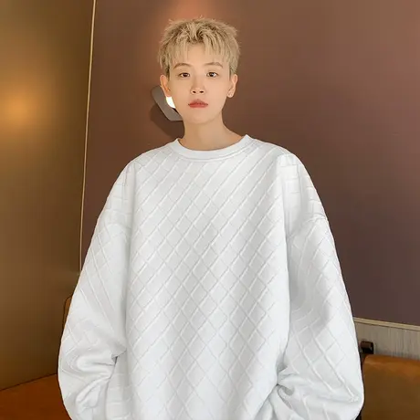 质感白色卫衣男春秋季无帽圆领重磅高级感oversize潮牌内搭打底衫商品大图