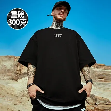 300g重磅美式加肥加大短袖t恤街头大码黑色圆领纯棉简约半袖男潮商品大图