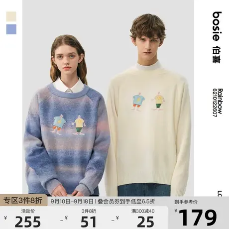 bosie2023年春季新款套头毛衣男情侣渐变色人物趣味图案针织衫潮商品大图