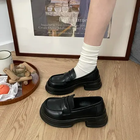 单鞋女2024年春秋新款日系jk一脚蹬复古乐福鞋粗跟厚底黑色小皮鞋商品大图