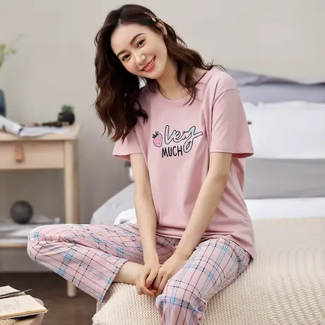 新一步纯棉睡衣女夏季短袖长裤薄款休闲家居服套装可出门外穿大码图片