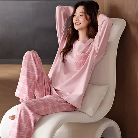 婷美睡衣女士春秋季纯棉简约时尚套头圆领秋冬天可外穿家居服套装商品大图