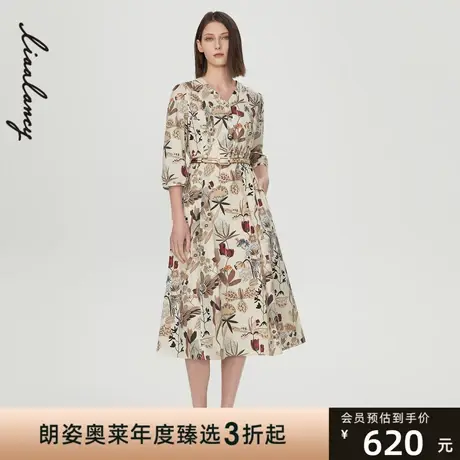 LANCY/悦朗姿早春新款女装设计感收腰中长款连衣裙商场同款图片