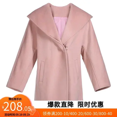 【艾格】2023春新款大翻领呢外套女开叉chic连帽中长款呢子大衣图片