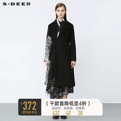 sdeer圣迪奥冬季休闲翻领印花收腰长款毛呢大衣S21481813图片