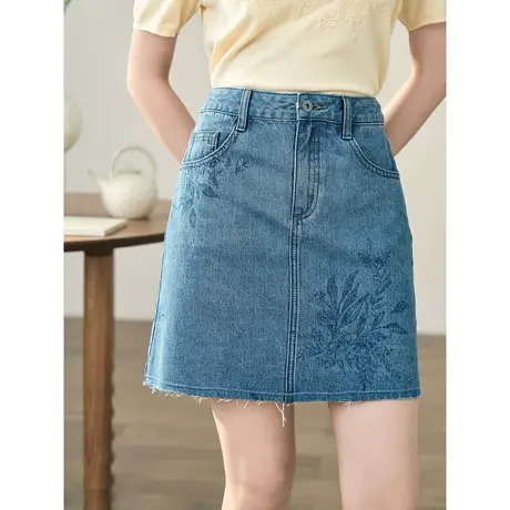 【商场同款】茵曼牛仔半身裙2023秋季女装新款高腰显瘦百搭短裙图片