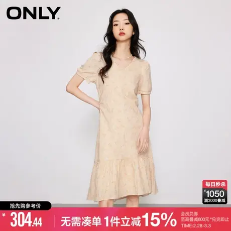 ONLY冬季时尚显瘦V领碎花格纹中长款连衣裙女|123107047图片