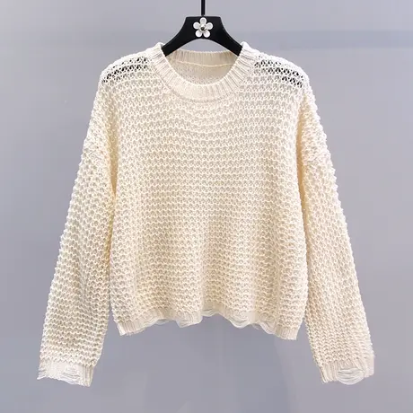 韩系慵懒风镂空针织衫女秋季2023新款宽松时尚休闲薄款长袖毛衣图片