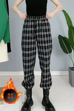 柔软厚实格子裤女秋冬加绒加厚直筒宽松束脚裤学生百搭显瘦运动裤商品大图