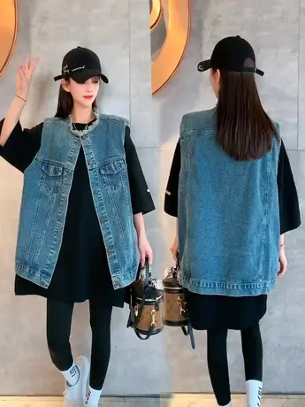 2023春夏新款复古水洗毛边牛仔马夹韩版宽松休闲背心马甲外穿上衣商品大图