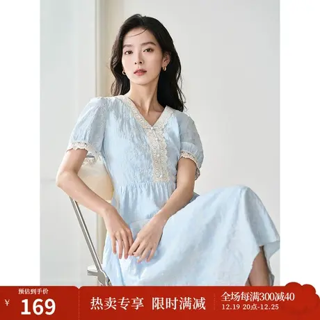 茵曼2023夏季女装新款法式通勤花边V领绣花泡泡袖收腰显瘦连衣裙图片