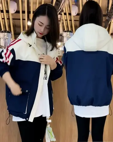 拼色连帽女士短外套2023早春秋新款洋气开衫棒球服今年流行上衣服商品大图