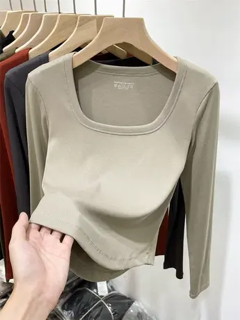 欧货螺纹短款方领长袖t恤女春秋款上衣2023新款修身内搭打底小衫图片