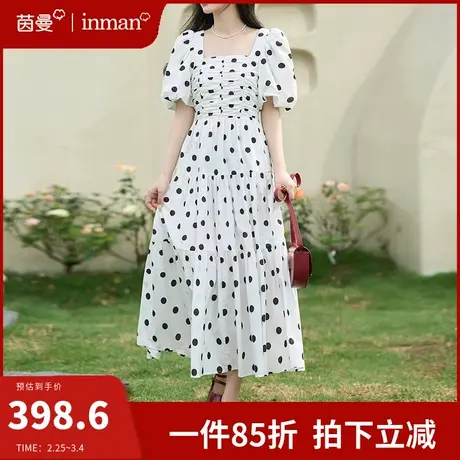 茵曼旗舰店法式大波点方领连衣裙2024夏季新款高腰显瘦蛋糕裙长裙图片
