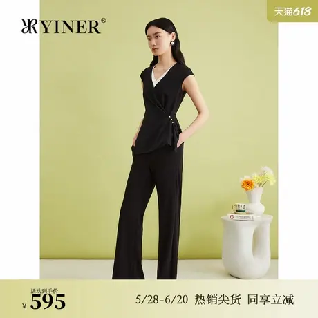 YINER音儿专选夏季针织弹力撞色假两件V领衬衫商品大图