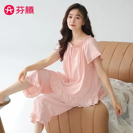 芬腾纯棉睡衣女夏季短袖薄款套装大码女款法式甜美休闲夏天家居服商品大图