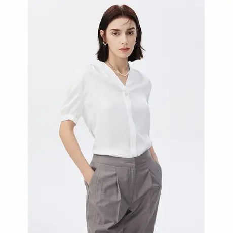 【Basic衣橱】朗姿法式短袖白色衬衫衬衣夏新款内搭v领上衣小衫女图片