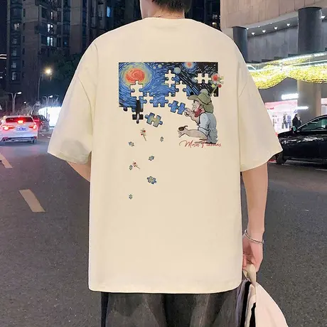 美式卡通短袖T恤男夏季2025新款休闲宽松半袖设计感情侣纯棉上衣商品大图