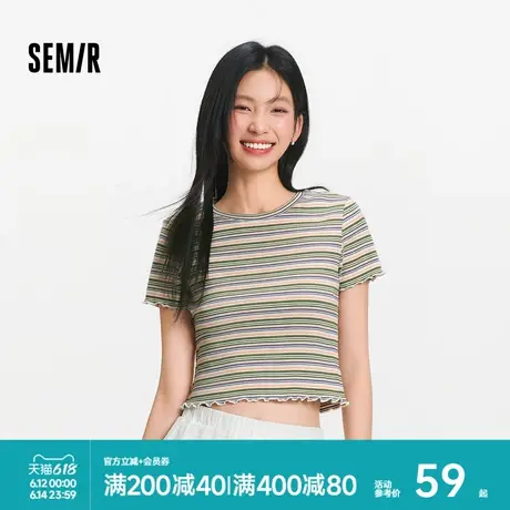 [商场同款]森马短袖T恤女木耳边紧身夏条纹衫航海系穿搭Navy core图片