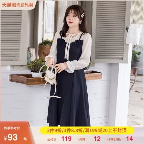 显瘦胖MM大码连衣裙2023年秋装新款法式假两件复古设计感蝴蝶结图片
