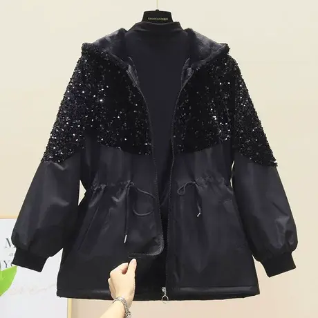 潮牌2023春秋季新款收腰亮片加绒风衣女韩版时尚百搭上衣棉衣外套图片