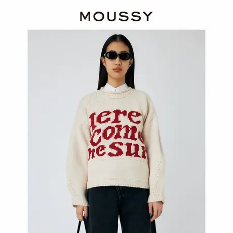 MOUSSY新中式撞色字母图案时尚圆领宽松针织毛衣女010HAQ70-8031商品大图