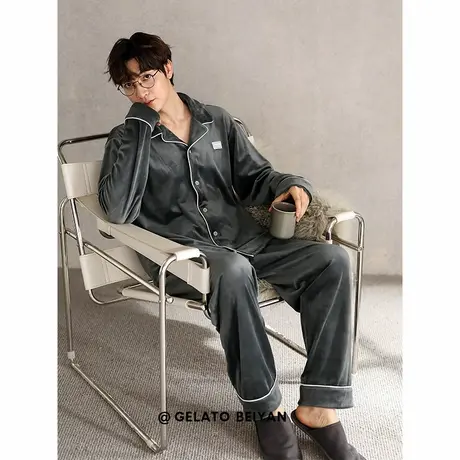 贝妍珊瑚绒睡衣男士秋冬季保暖海岛绒家居服时尚开衫男式大码套装商品大图