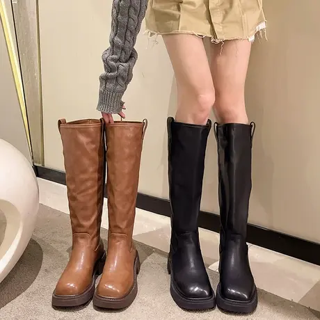 靴子女2023新款秋季高筒西部牛仔靴中跟粗跟复古炸街ins潮长筒靴图片