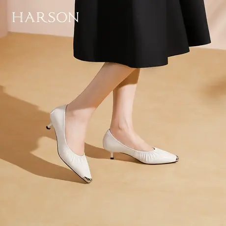 哈森气质方头金属拼接女鞋2025秋季新款细跟一脚蹬单鞋HWL250130商品大图