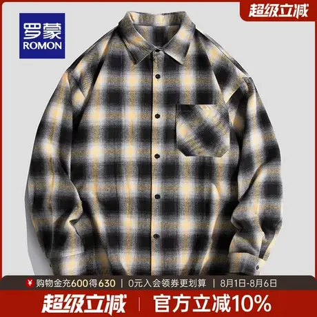 罗蒙男士简约日常长袖衬衫2025秋季新款工装格子上衣休闲翻领衬衣商品大图