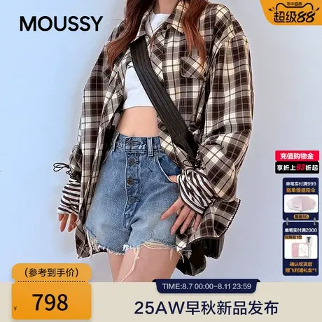 MOUSSY 2025甜酷风抽褶系带收口复古格子长袖衬衫女028ISA30-1004图片