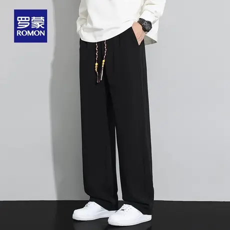 罗蒙男士时尚百搭休闲裤2025秋季新款潮流宽松抽绳松紧腰直筒裤男图片