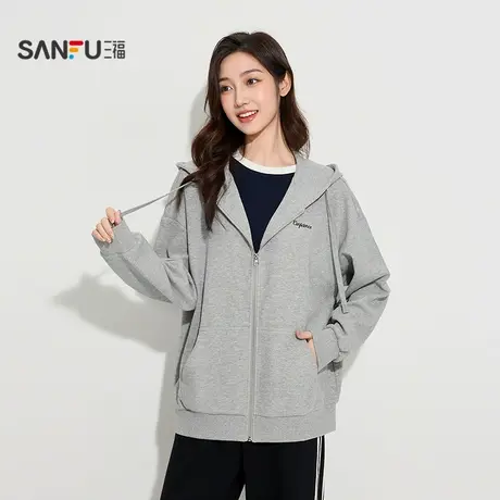 三福秋季美高学院风拉链卫衣 重磅Oversize宽松开衫外套507223图片